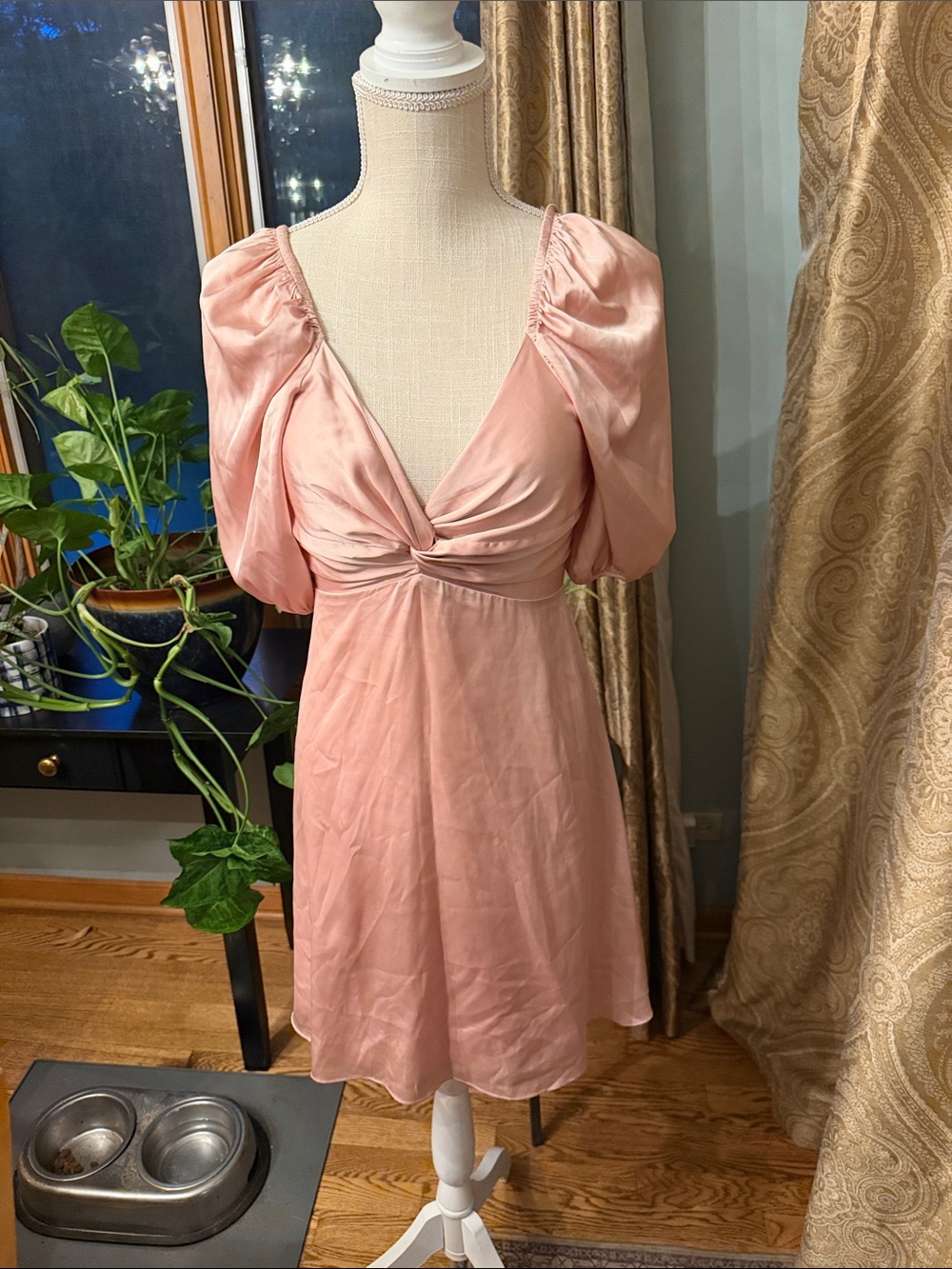 Express Blush Pink Satin Puff Sleeve Mini Dress